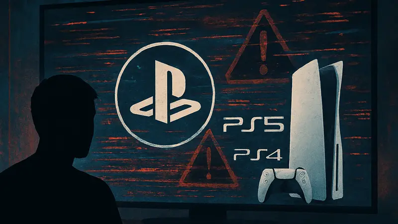 Логотип PSN и иконки PlayStation 5 и PlayStation 4 на фоне экрана с ошибкой или сбоем сервиса.