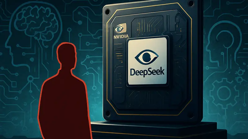 Графический процессор Nvidia с логотипом DeepSeek на фоне элементов искусственного интеллекта.