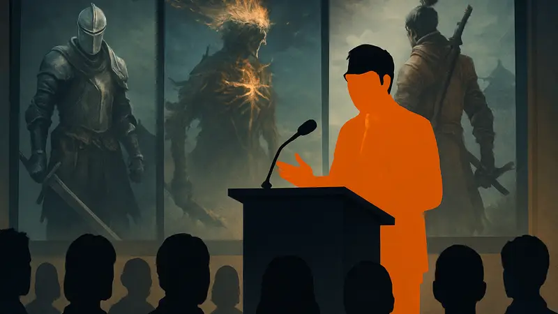 Хидэтака Миядзаки, президент FromSoftware, на конференции, говорящий о новых играх.