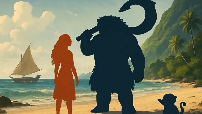 Кадр из живого фильма "Моана" с Моаной и Мауи, сравнивающий его с ремейком "Лило и Стич"