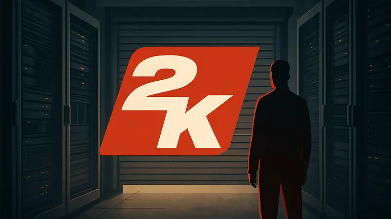 Логотип 2K Games на фоне закрывающихся серверов, символизирующий завершение работы TopSpin 2K25