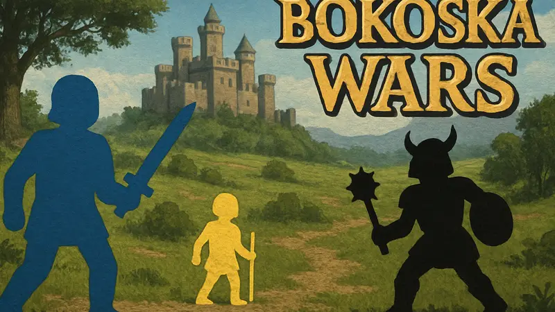 Игровой скриншот из Bokosuka Wars, классической JRPG с NES. Логотип игры.