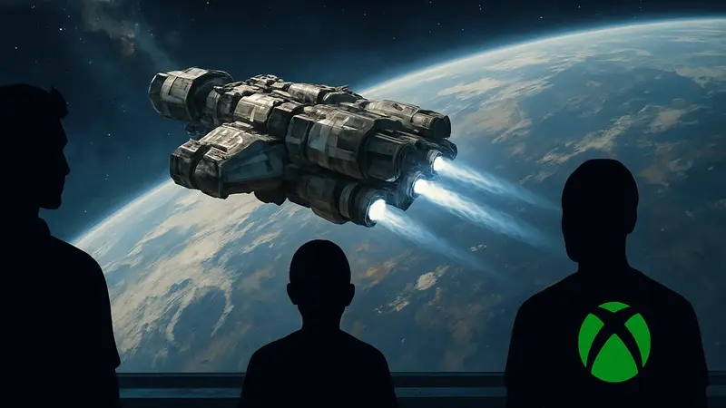 Космический корабль Starfield летит над планетой, скриншот игры, демонстрирующий рост популярности на Xbox.