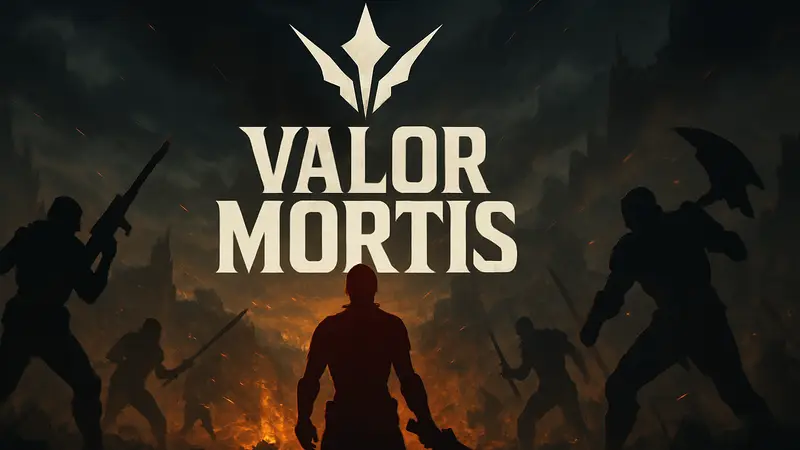 Логотип игры Valor Mortis на фоне тёмного, динамичного поля боя, символизирующий напряженность и грядущий экшен.