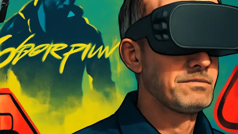 Разработчик VR-мода Люк Росс на фоне логотипа Cyberpunk 2077 и знаков DMCA.