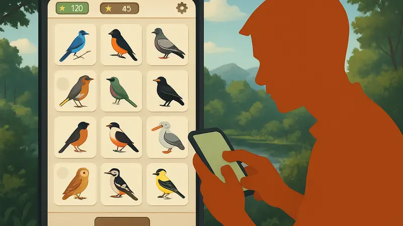 Игровой скриншот Birdwatching Notebook с разнообразными птицами и элементами интерфейса, намекающий на залипательный геймплей.