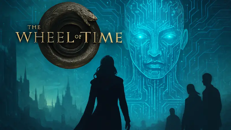 Логотип The Wheel of Time на фоне стилизованного ИИ-изображения