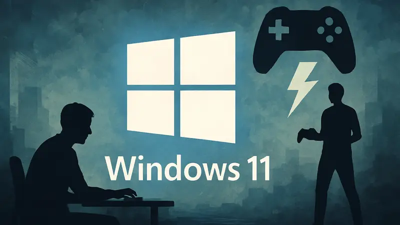 Логотип Windows 11 с элементами игровой графики, символизирующими новый режим для повышения производительности