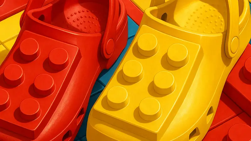 Крупный план обуви Crocs, стилизованной под гигантские красные и желтые кирпичики LEGO.