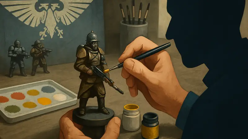 Руки художника, аккуратно красящие детали миниатюры солдата Крига из Warhammer 40,000 в цвета Стального Легиона.