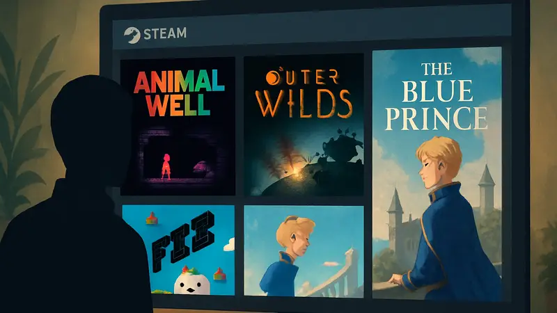 Обложки игр Animal Well, Outer Wilds, Fez и The Blue Prince, собранные в одном бандле на платформе Steam.