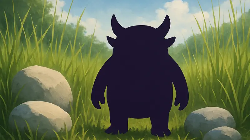 Изображение Онига в Pokopia, окруженного высокой травой и гладкими камнями.