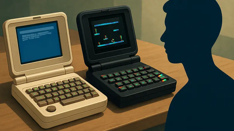 Портативные ретро-компьютеры Commodore 64 и ZX Spectrum в виде раскладушек, лежащие рядом.