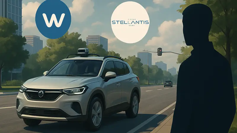 Автомобиль Stellantis на дороге с логотипами Wayve и Stellantis, символизирующий беспилотные технологии.