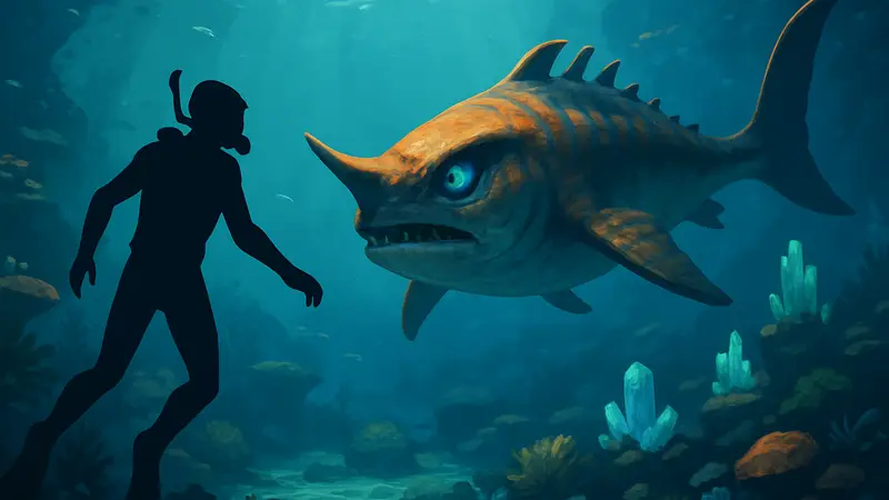 Скриншот Subnautica 2: подводный мир с рыбой-тараном и новыми зонами ресурсов после патча.
