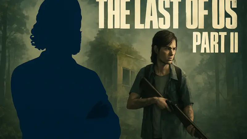 Нил Дракманн, руководитель Naughty Dog, на фоне логотипа The Last of Us Part II.