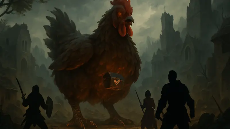 Гигантский куриный босс из события 'April Fowl's Day' в Diablo 4 с уникальным лутом.