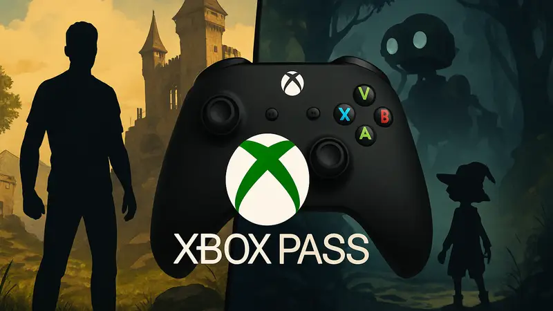Логотип Xbox Game Pass на фоне контроллера и скриншотов из двух новых игр.