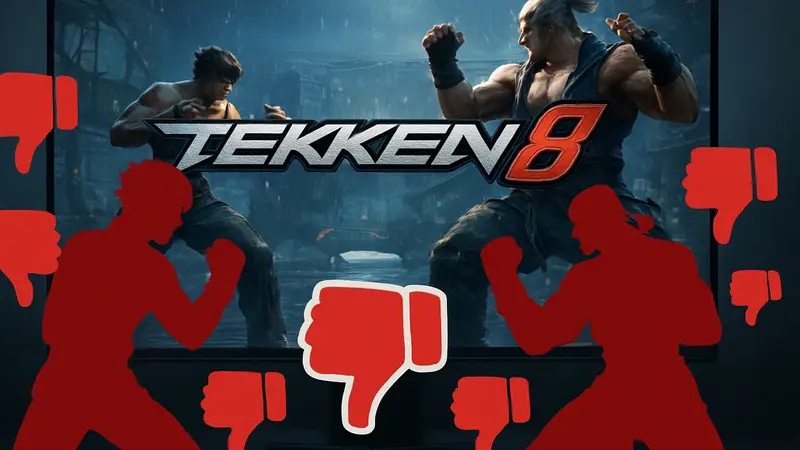 Логотип Tekken 8 на фоне игрового экрана с бойцами, окруженный красными негативными отзывами