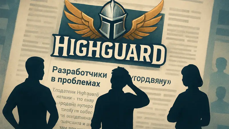 Логотип игры Highguard на фоне новостной статьи об увольнениях и проблемах разработки из-за "гордыни".