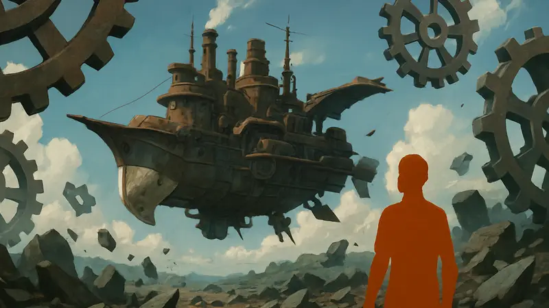 Летающий корабль Everwind, окруженный шестерёнками и обломками металла.