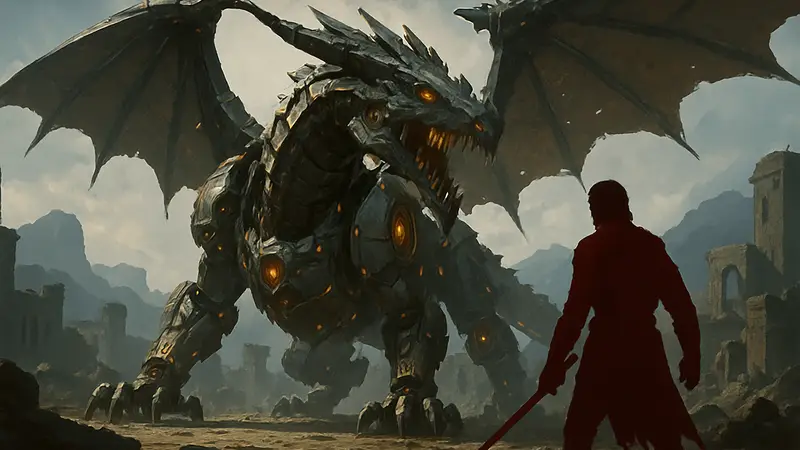 Механический дракон Золотая Звезда из игры Crimson Desert в бою