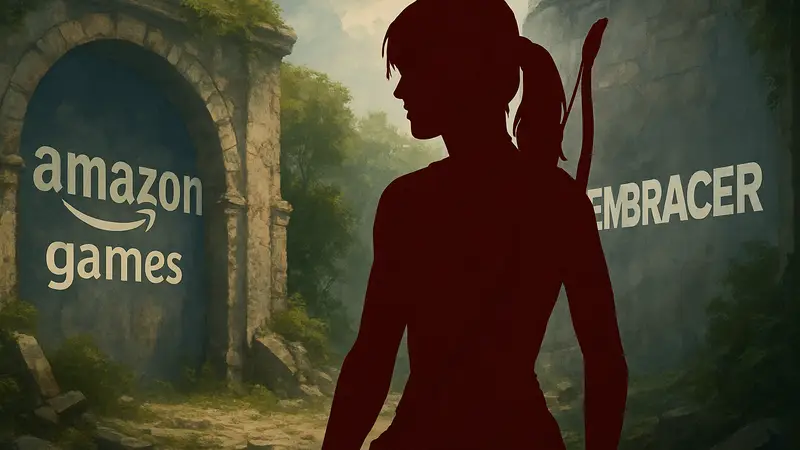 Лара Крофт из Tomb Raider на фоне логотипов Amazon Games и Embracer.