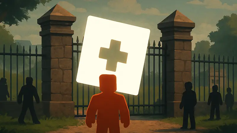 Логотип Roblox Plus на фоне приватного сервера Roblox, показывающий новые ограничения для игроков.
