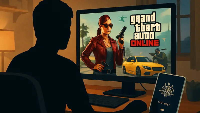 Геймер сидит перед монитором, на экране запущен GTA Online, рядом с ним паспорт для подтверждения возраста