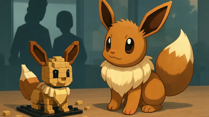 Иви (Eevee) из Pokemon с розовой меткой на лапе, рядом с конструктором LEGO.