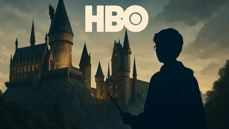 Логотип сериала «Гарри Поттер» от HBO на фоне Хогвартса