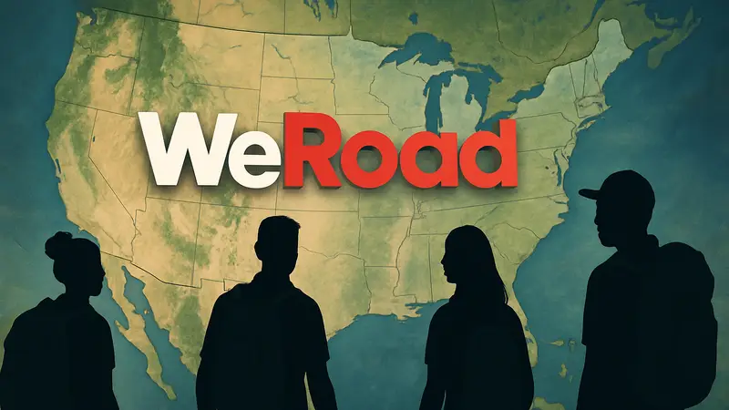 Логотип WeRoad на фоне карты США, символизирующий расширение платформы групповых путешествий