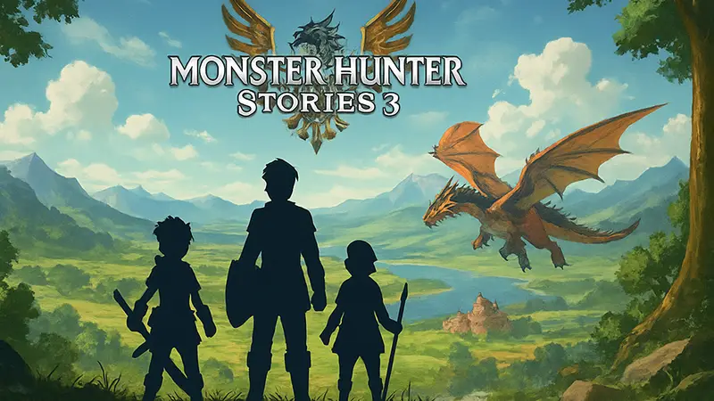 Логотип Monster Hunter Stories 3 с драконом и героями на фоне фэнтезийного мира, анонс демо.