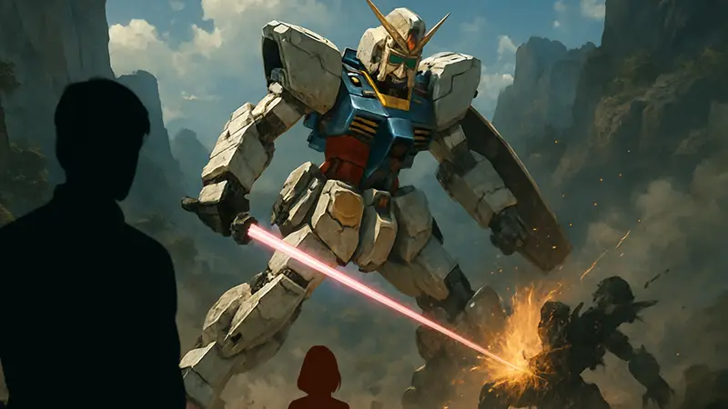 Скриншот из игры Gundam Rogue Orbit, демонстрирующий меха в бою
