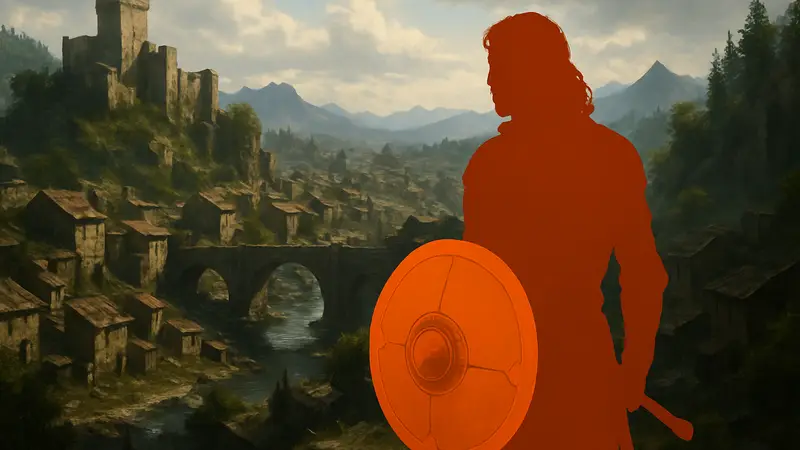 Скриншот из игры Crimson Desert с персонажем Дамиане, держащим Щит Мастера и осматривающим локацию.