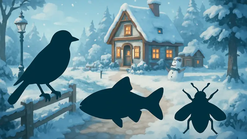 Скриншот из Heartopia с заснеженными локациями и силуэтами птиц, рыб и насекомых.
