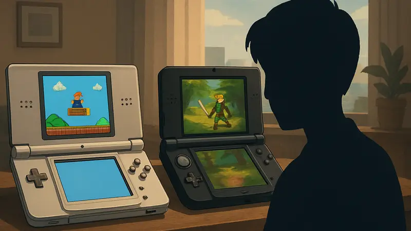 Изображение двух портативных консолей Nintendo DS и Nintendo 3DS с открытыми экранами, на которых отображаются классические игры.