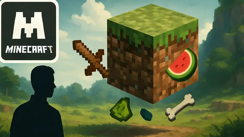 Иконка Minecraft и изображение куба земли с выброшенными предметами