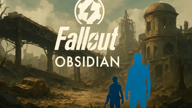 Логотип Fallout с названием студии Obsidian Entertainment на постапокалиптическом фоне.