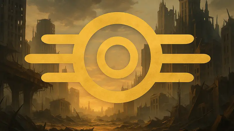 Эмблема Vault-Tec на фоне разрушенного постапокалиптического города из вселенной Fallout.