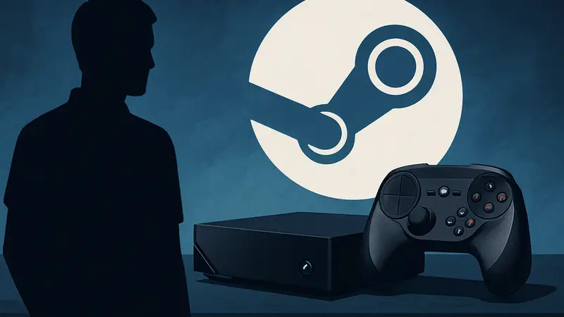 Steam Machine от Valve, игровая консоль с геймпадом, на фоне логотипа Steam.
