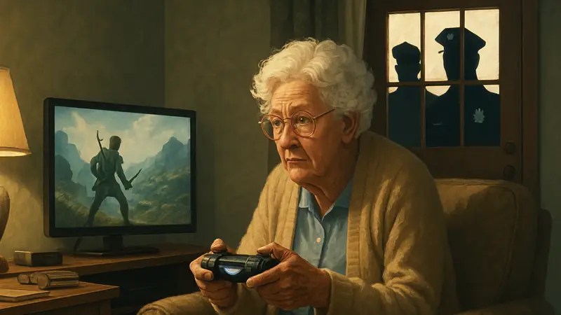 Пожилая женщина играет в видеоигры с контроллером, игнорируя полицейских у двери её дома.