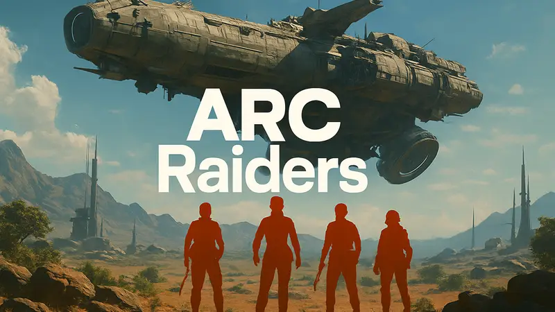 Логотип игры ARC Raiders с космическим кораблем и персонажами в футуристическом сеттинге.