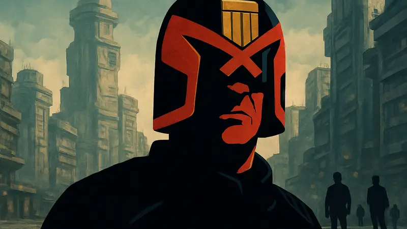 Актер Карл Урбан в шлеме Судьи Дредда, с характерным суровым выражением лица.