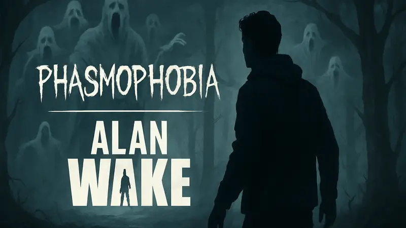 Логотипы Phasmophobia и Alan Wake, объединённые в кроссоверном арте с призраками