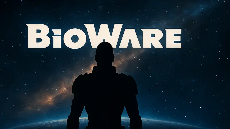 Логотип BioWare на фоне звёздного неба Mass Effect, с тёмным силуэтом персонажа