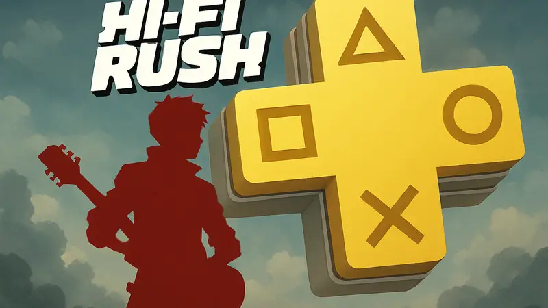 Логотип Hi-Fi Rush с персонажем Чаем и его гитарой, на фоне символики PlayStation Plus.
