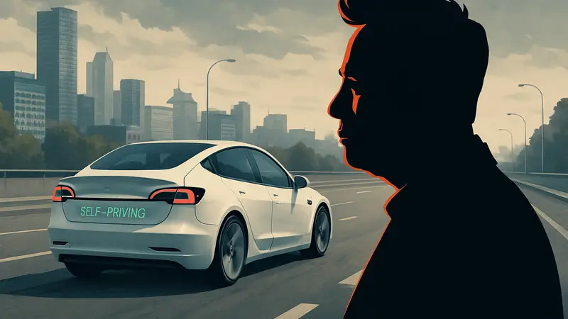 Илон Маск и автомобиль Tesla с системой Full Self-Driving (FSD) в движении