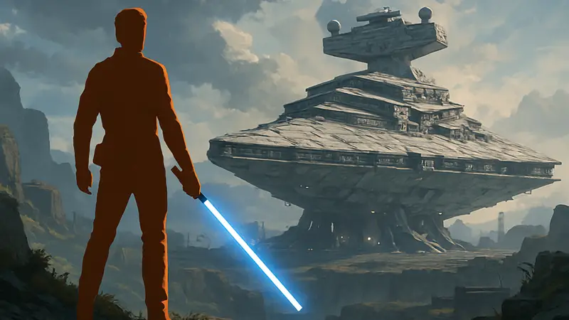 Кадр из игры Star Wars Jedi с Кэлом Кестисом, держащим световой меч, на фоне космического корабля.