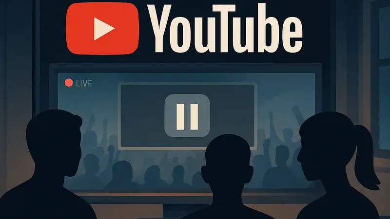 Логотип YouTube на фоне окна прямой трансляции с паузой для рекламы